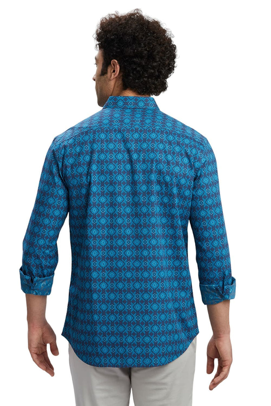 BASICS SLIM FIT TIDE BLUE COTTON PRINTED SHIRT
