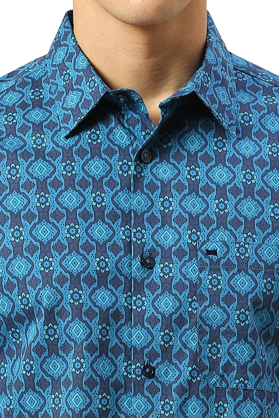 BASICS SLIM FIT TIDE BLUE COTTON PRINTED HALFSLEEVES SHIRT