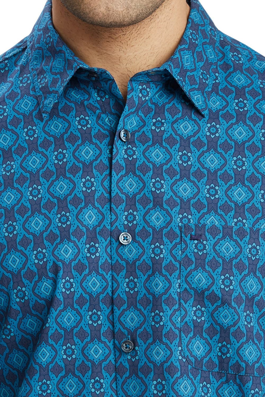 BASICS SLIM FIT TIDE BLUE COTTON PRINTED SHIRT