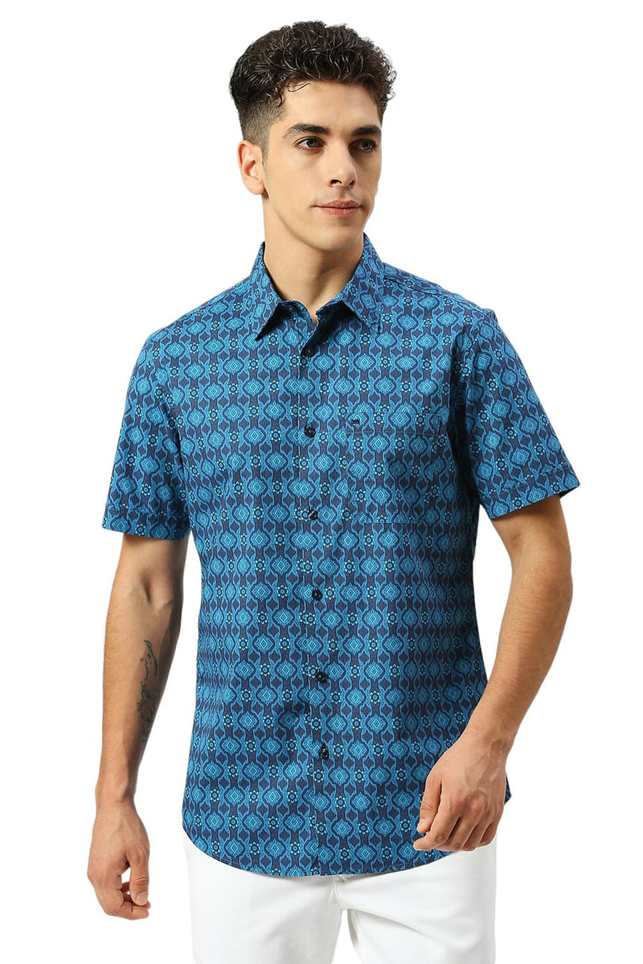 BASICS SLIM FIT TIDE BLUE COTTON PRINTED HALFSLEEVES SHIRT