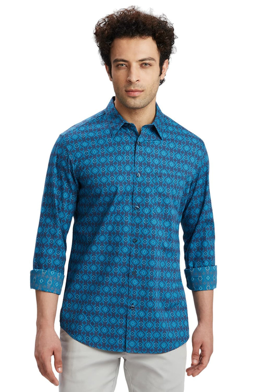 BASICS SLIM FIT TIDE BLUE COTTON PRINTED SHIRT