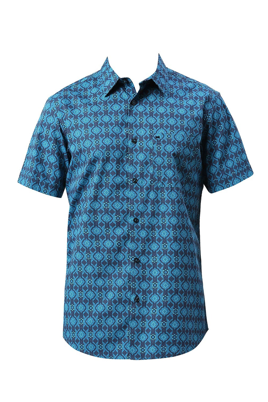 BASICS SLIM FIT TIDE BLUE COTTON PRINTED HALFSLEEVES SHIRT