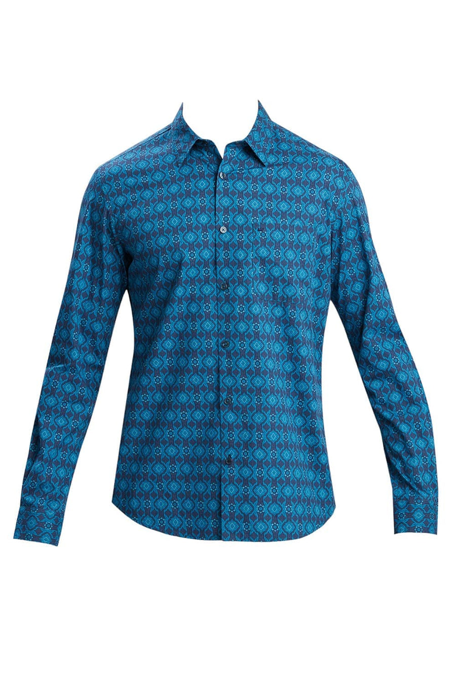 BASICS SLIM FIT TIDE BLUE COTTON PRINTED SHIRT