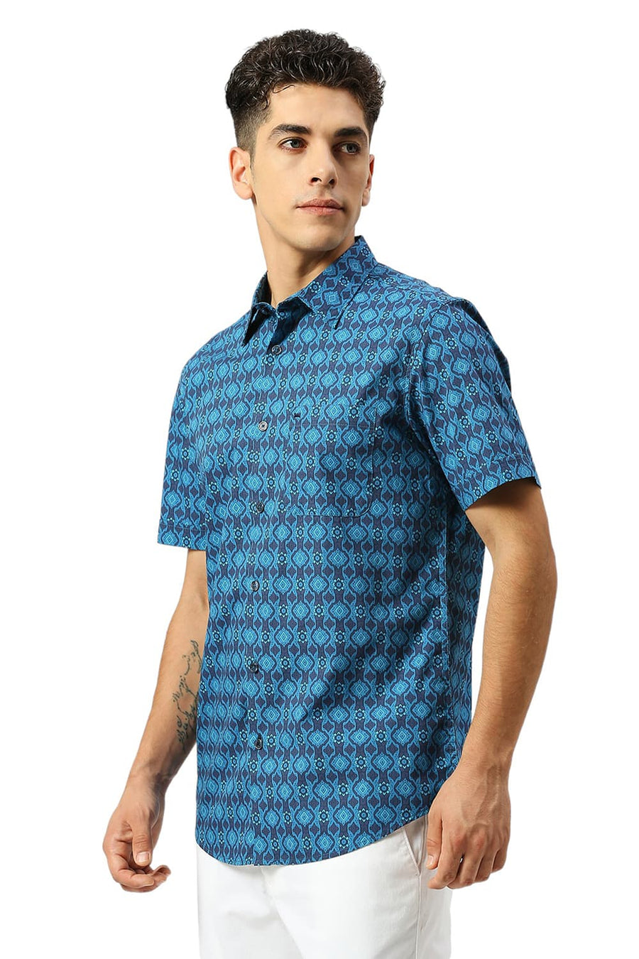 BASICS SLIM FIT TIDE BLUE COTTON PRINTED HALFSLEEVES SHIRT