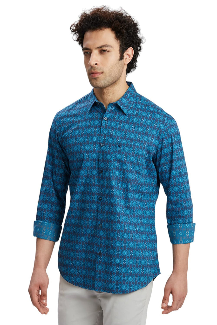 BASICS SLIM FIT TIDE BLUE COTTON PRINTED SHIRT