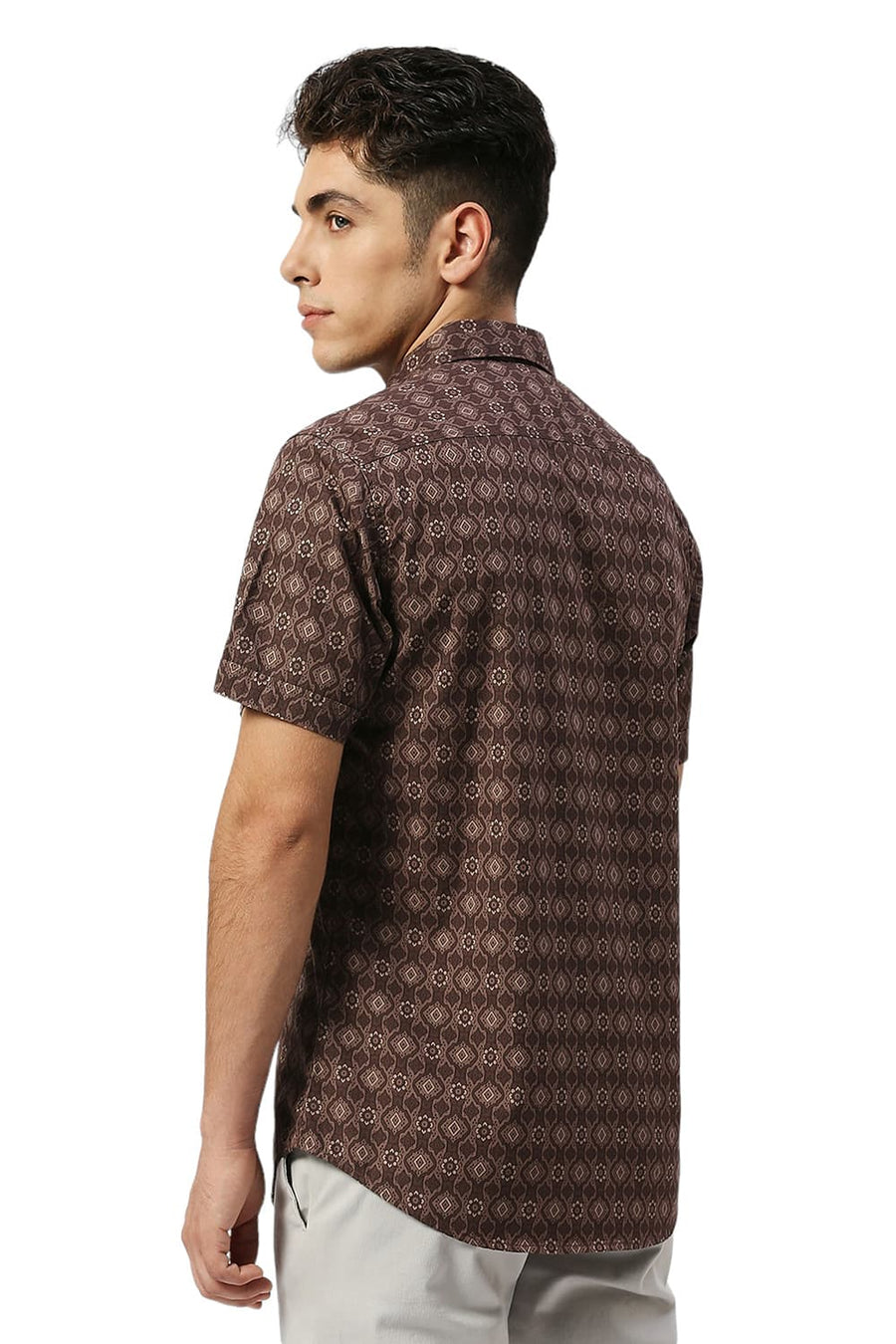 BASICS SLIM FIT CHESTNUT BROWN COTTON PRINTED HALFSLEEVES SHIRT