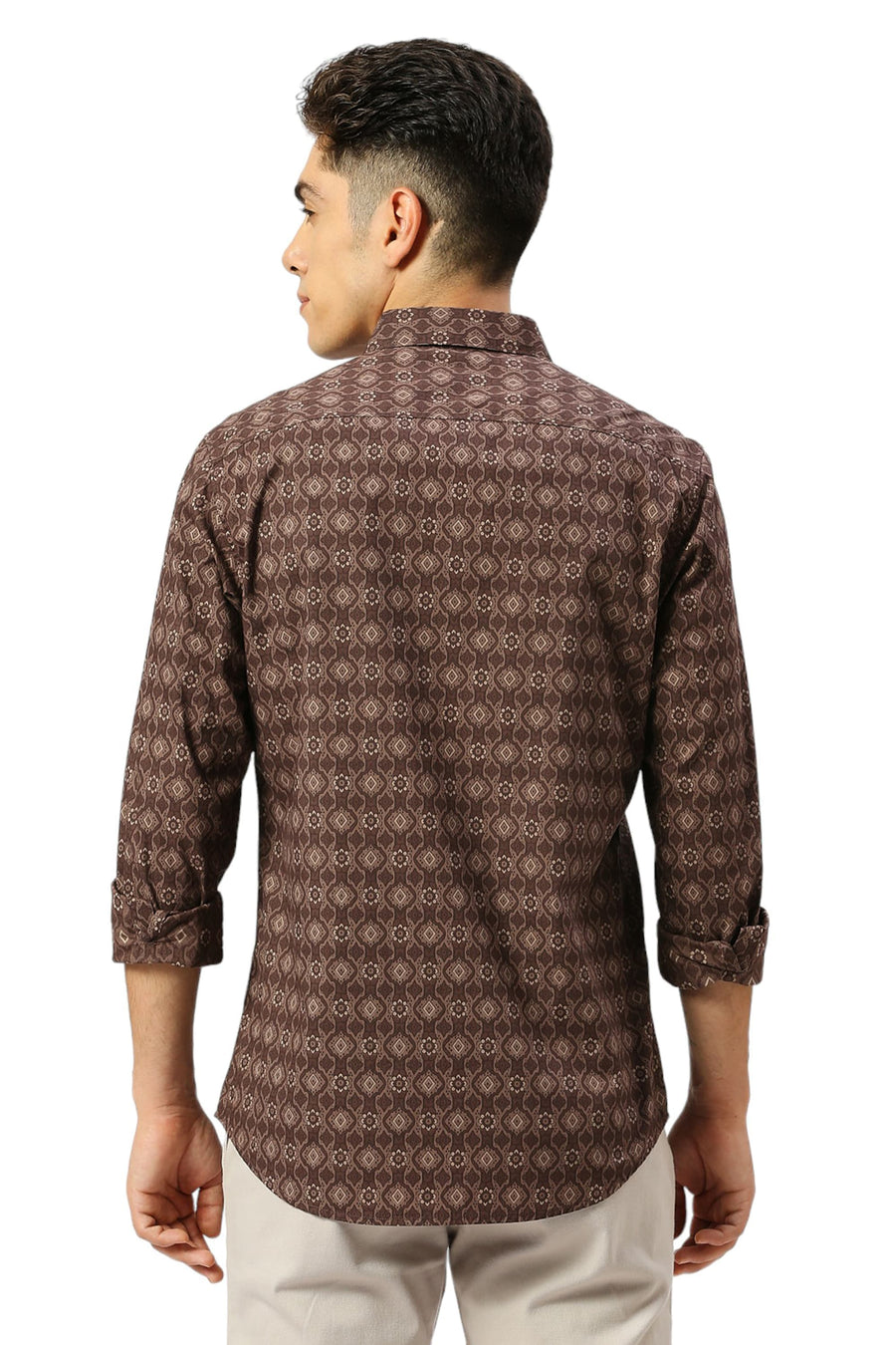 BASICS SLIM FIT CHESTNUT BROWN COTTON PRINTED SHIRT