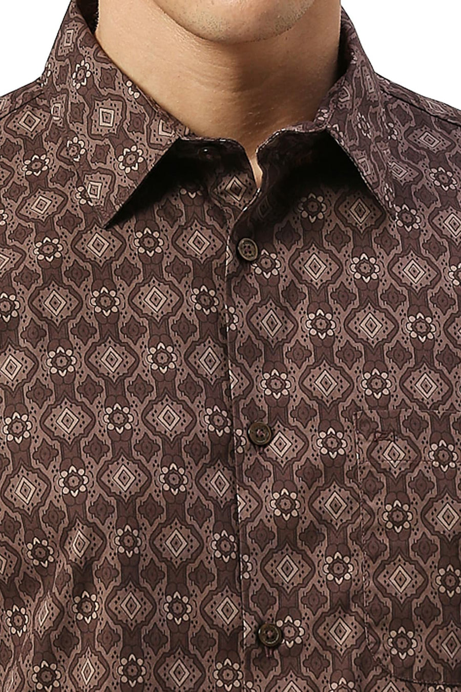 BASICS SLIM FIT CHESTNUT BROWN COTTON PRINTED HALFSLEEVES SHIRT