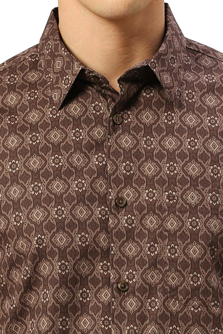 BASICS SLIM FIT CHESTNUT BROWN COTTON PRINTED SHIRT