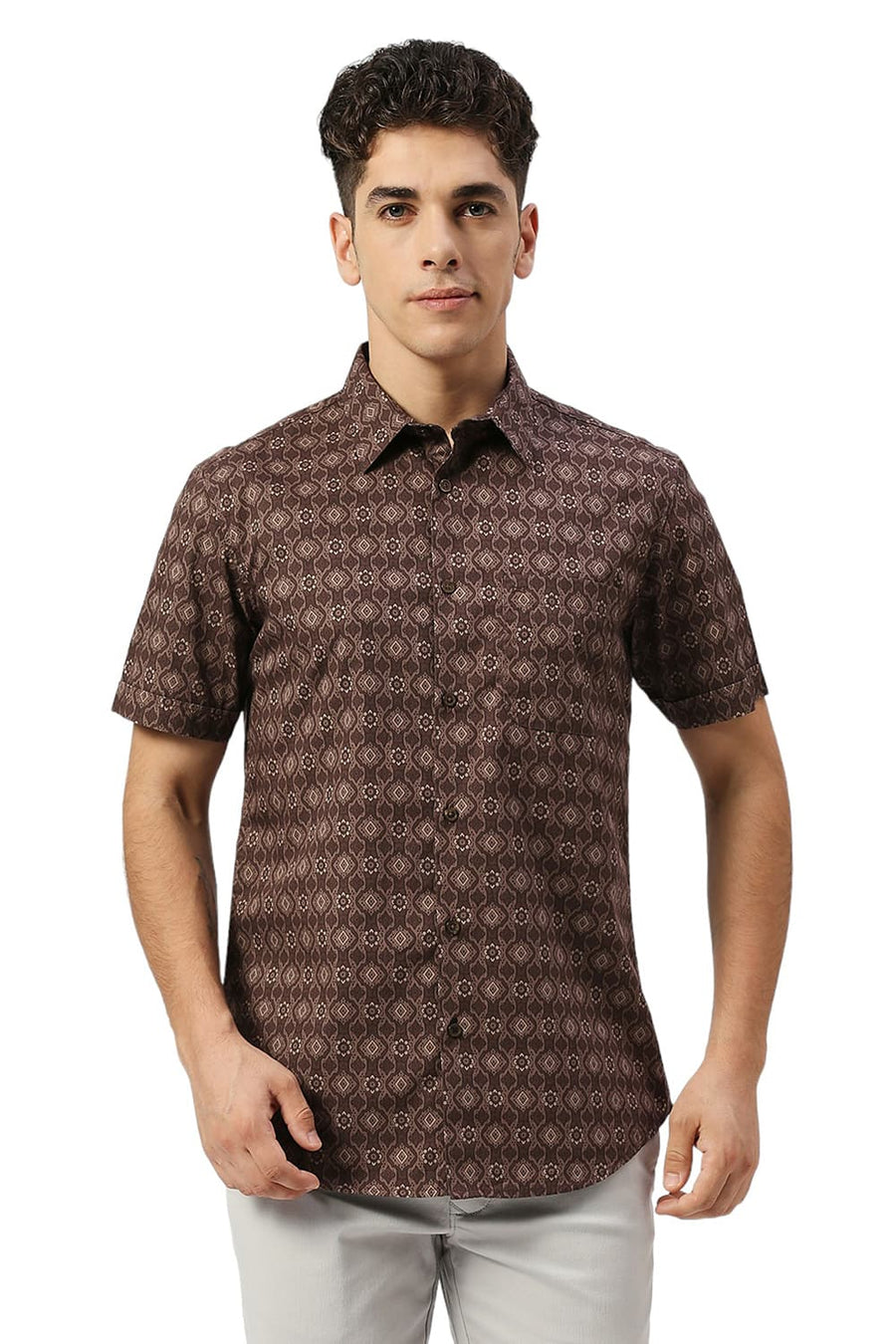 BASICS SLIM FIT CHESTNUT BROWN COTTON PRINTED HALFSLEEVES SHIRT