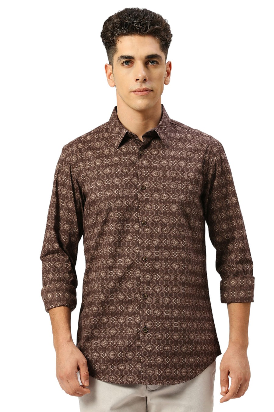 BASICS SLIM FIT CHESTNUT BROWN COTTON PRINTED SHIRT