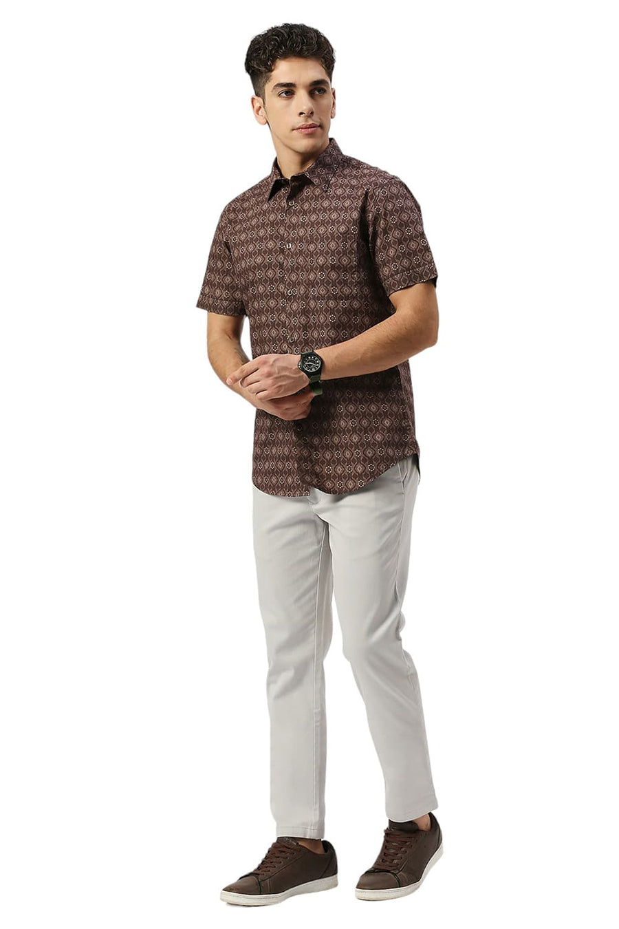 BASICS SLIM FIT CHESTNUT BROWN COTTON PRINTED HALFSLEEVES SHIRT