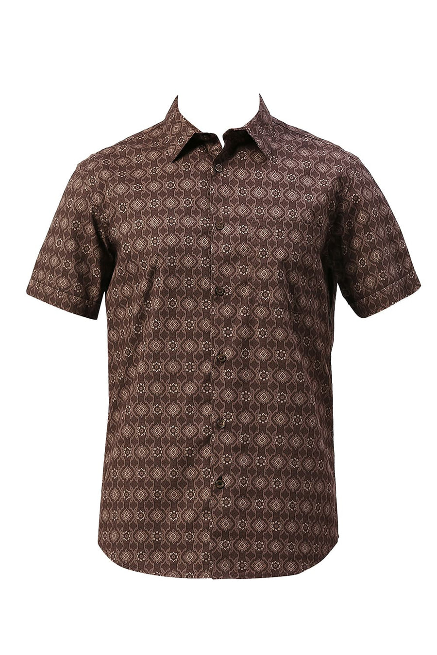 BASICS SLIM FIT CHESTNUT BROWN COTTON PRINTED HALFSLEEVES SHIRT
