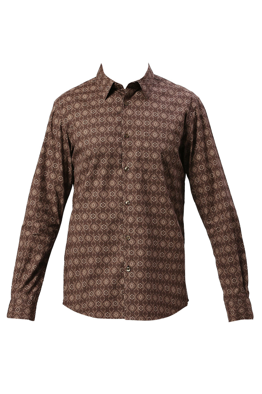 BASICS SLIM FIT CHESTNUT BROWN COTTON PRINTED SHIRT