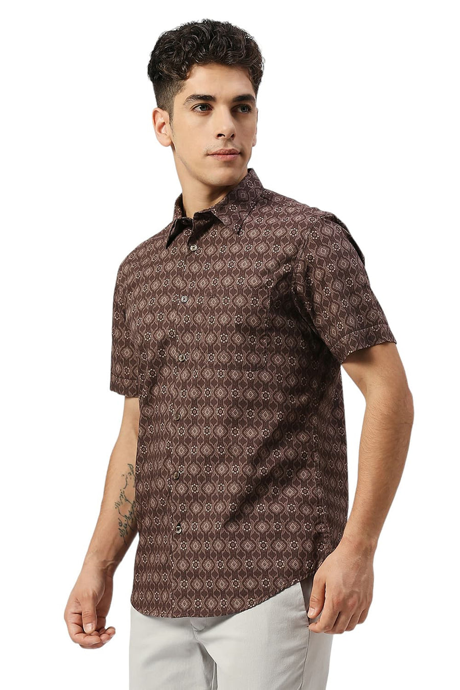BASICS SLIM FIT CHESTNUT BROWN COTTON PRINTED HALFSLEEVES SHIRT
