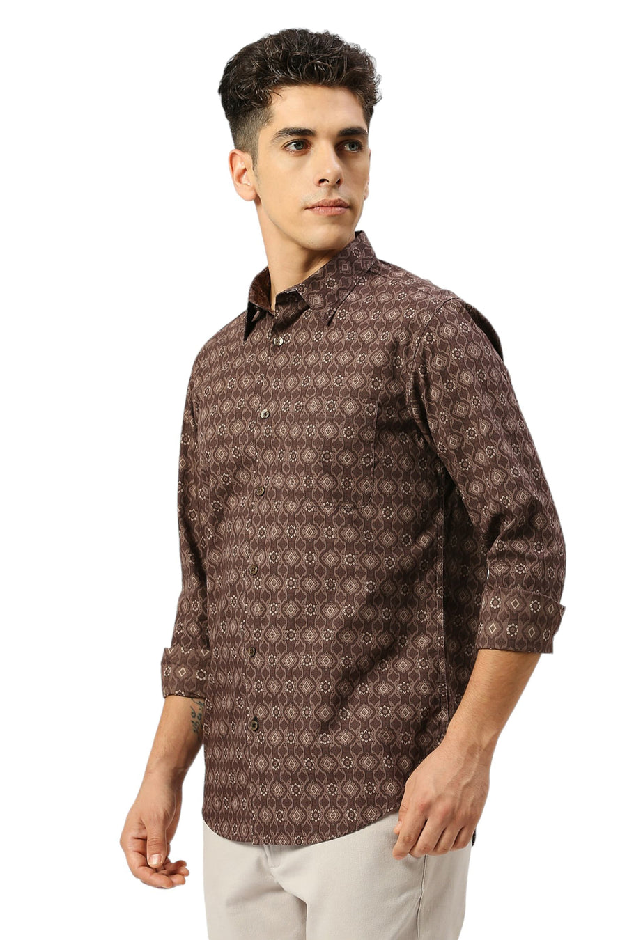 BASICS SLIM FIT CHESTNUT BROWN COTTON PRINTED SHIRT