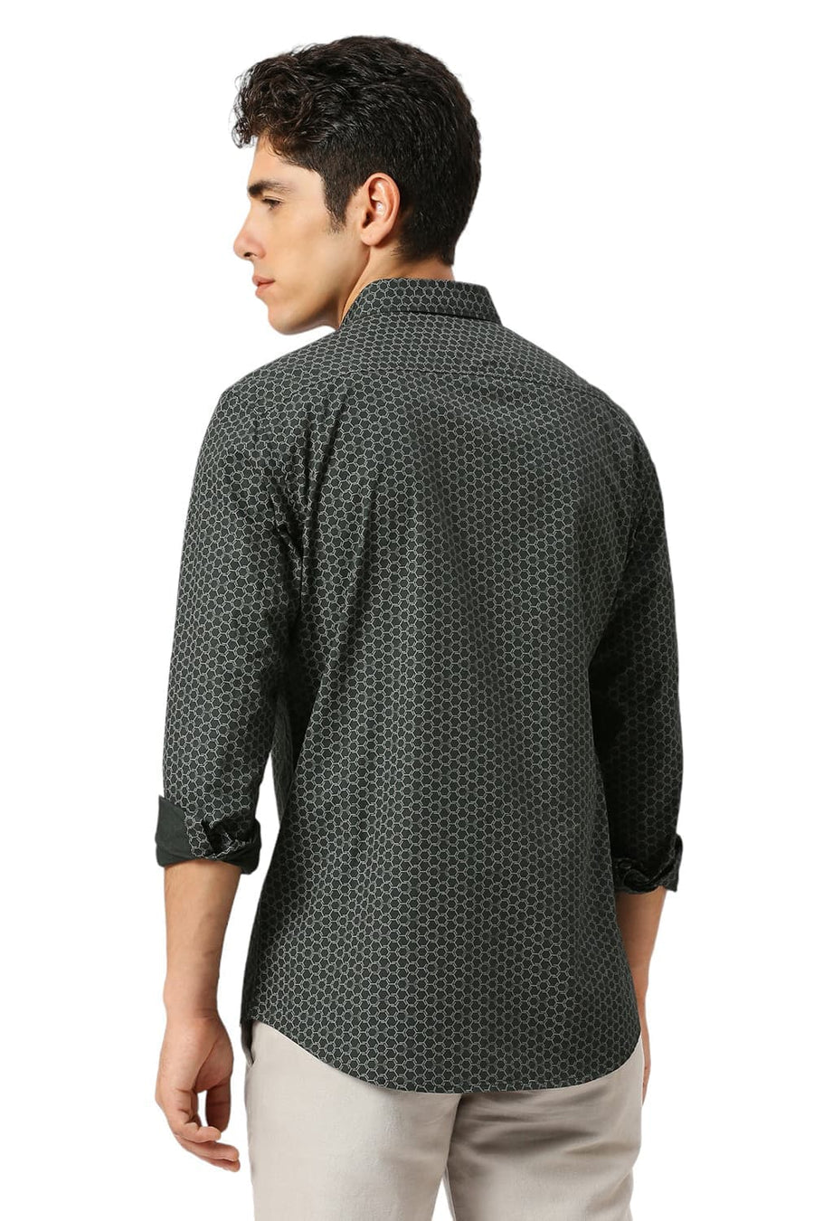 BASICS SLIM FIT JUNGLE GREEN COTTON PRINTED SHIRT