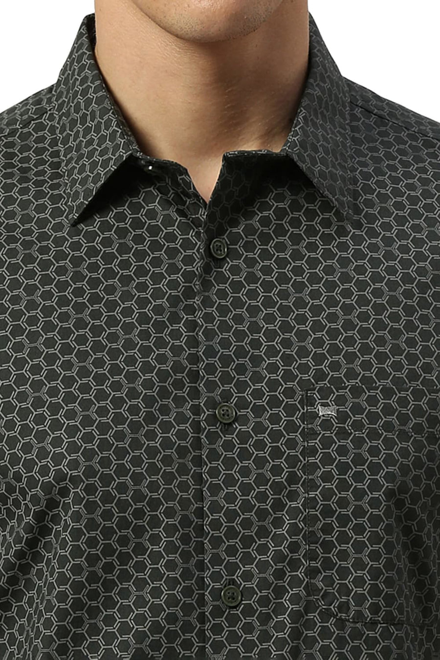 BASICS SLIM FIT JUNGLE GREEN COTTON PRINTED HALFSLEEVES SHIRT