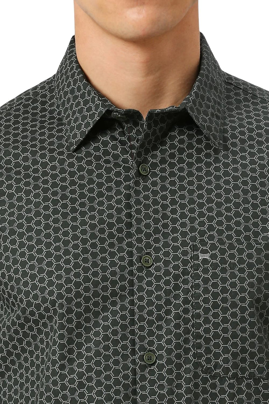 BASICS SLIM FIT JUNGLE GREEN COTTON PRINTED SHIRT