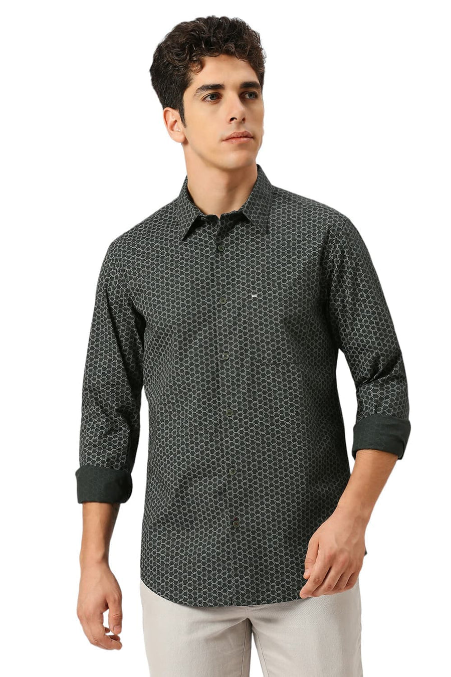BASICS SLIM FIT JUNGLE GREEN COTTON PRINTED SHIRT