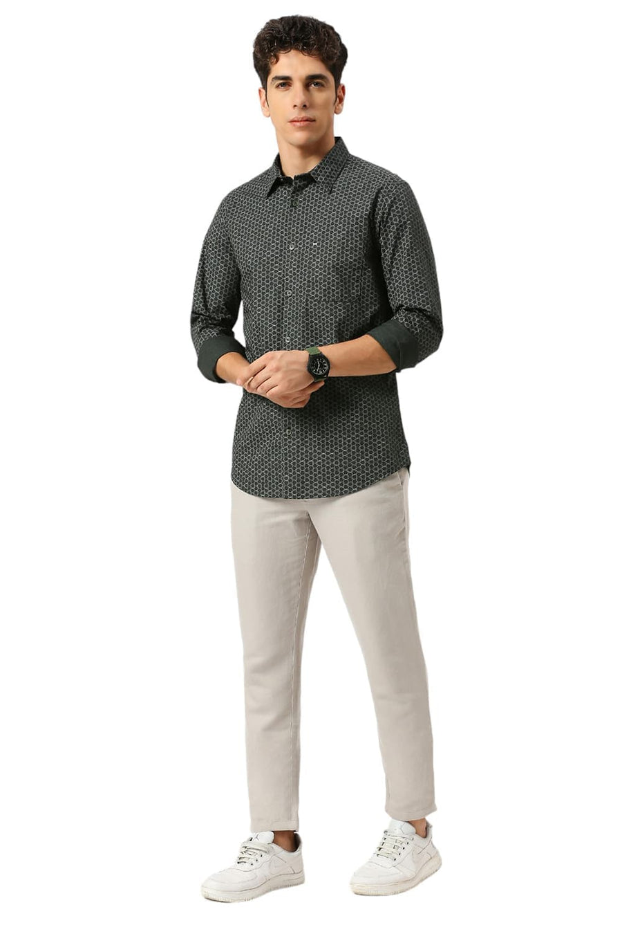 BASICS SLIM FIT JUNGLE GREEN COTTON PRINTED SHIRT