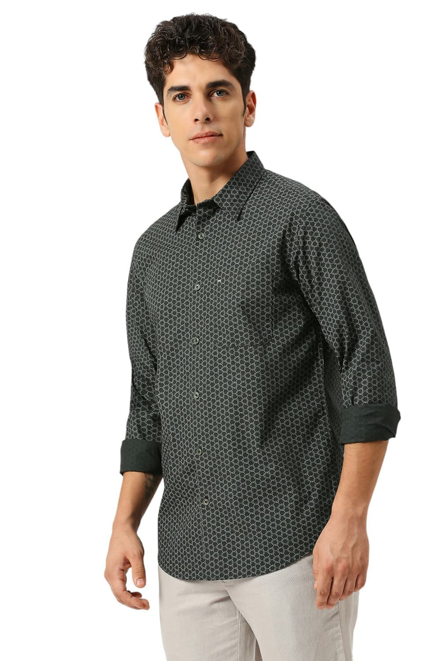 BASICS SLIM FIT JUNGLE GREEN COTTON PRINTED SHIRT