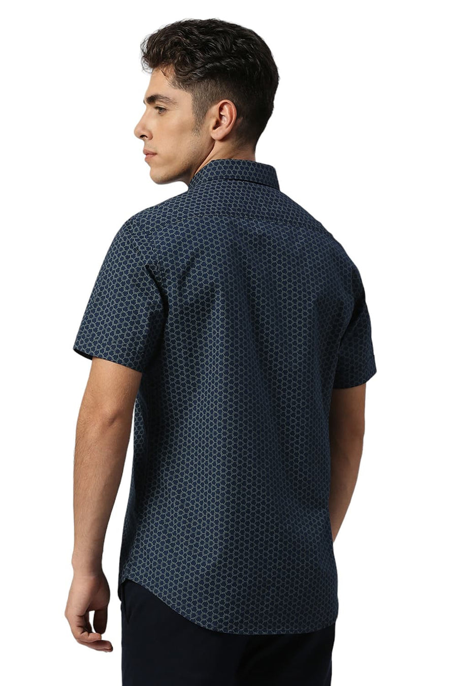 BASICS SLIM FIT ENSIGN NAVY COTTON PRINTED HALFSLEEVES SHIRT