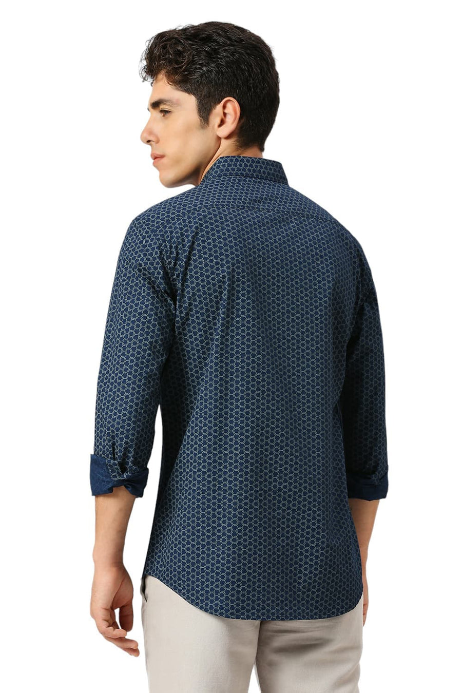 BASICS SLIM FIT ENSIGN NAVY COTTON PRINTED SHIRT