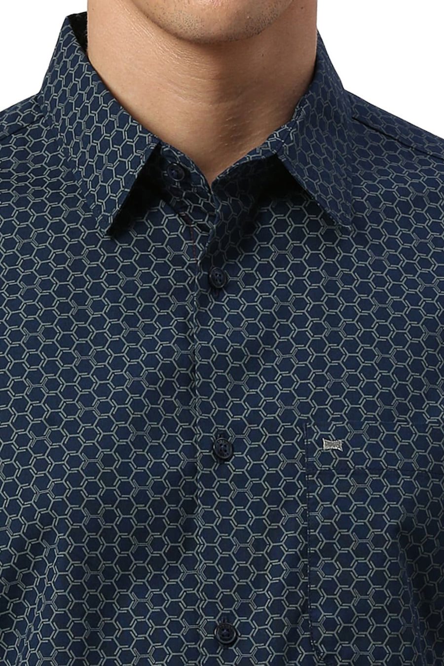 BASICS SLIM FIT ENSIGN NAVY COTTON PRINTED HALFSLEEVES SHIRT