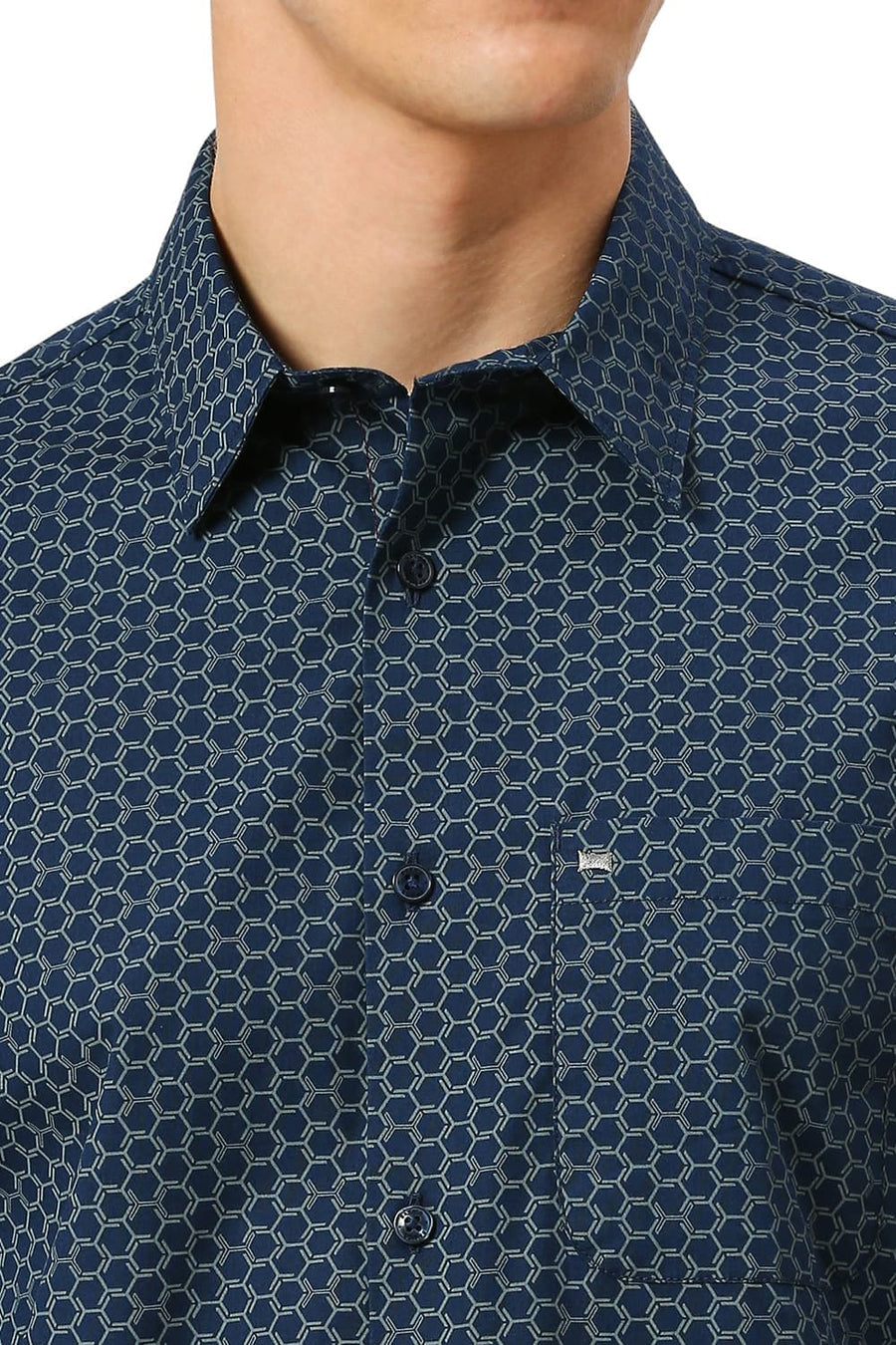 BASICS SLIM FIT ENSIGN NAVY COTTON PRINTED SHIRT