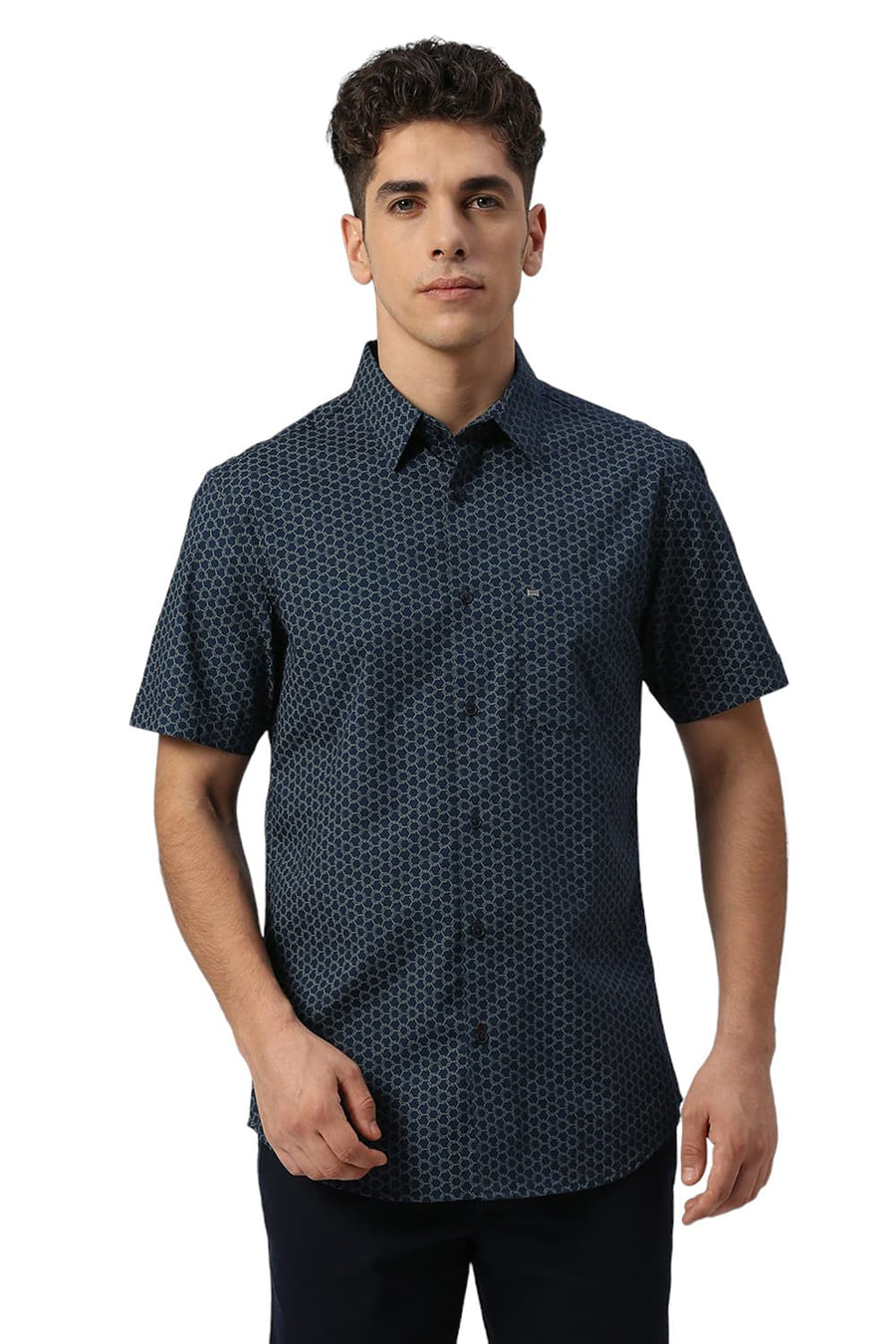 BASICS SLIM FIT ENSIGN NAVY COTTON PRINTED HALFSLEEVES SHIRT