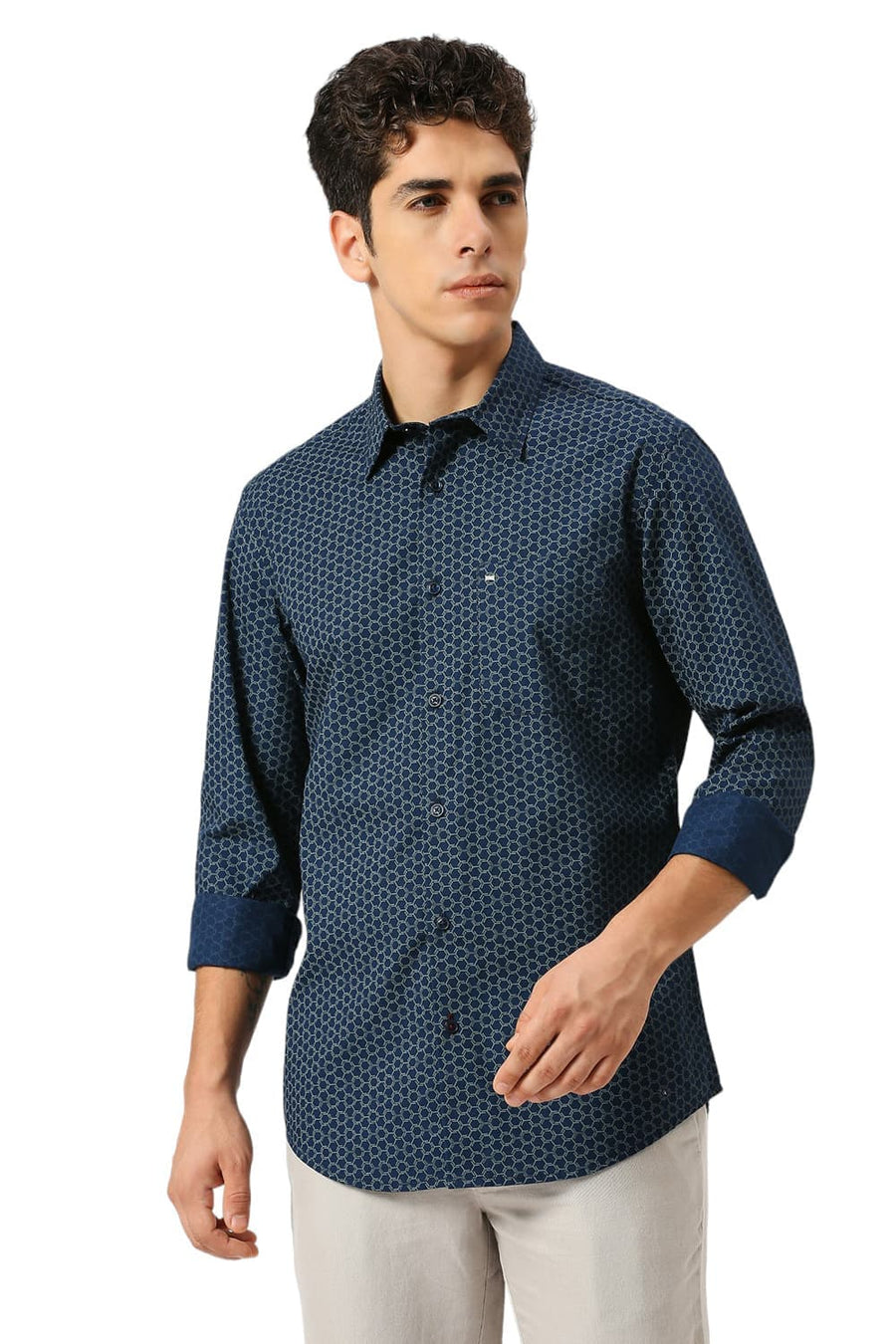 BASICS SLIM FIT ENSIGN NAVY COTTON PRINTED SHIRT