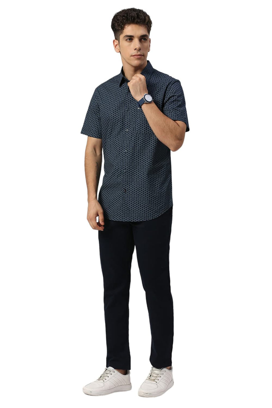 BASICS SLIM FIT ENSIGN NAVY COTTON PRINTED HALFSLEEVES SHIRT