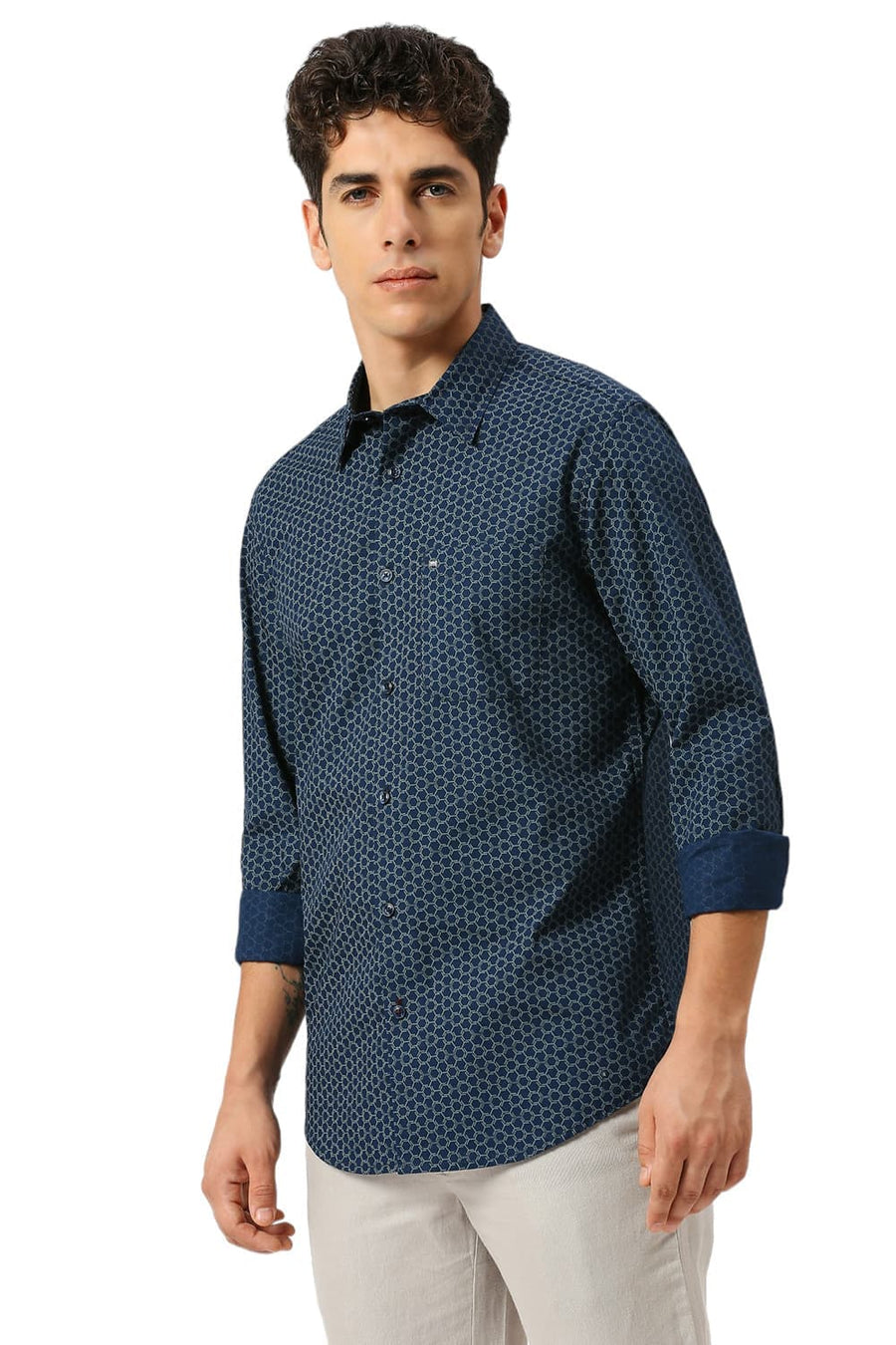 BASICS SLIM FIT ENSIGN NAVY COTTON PRINTED SHIRT