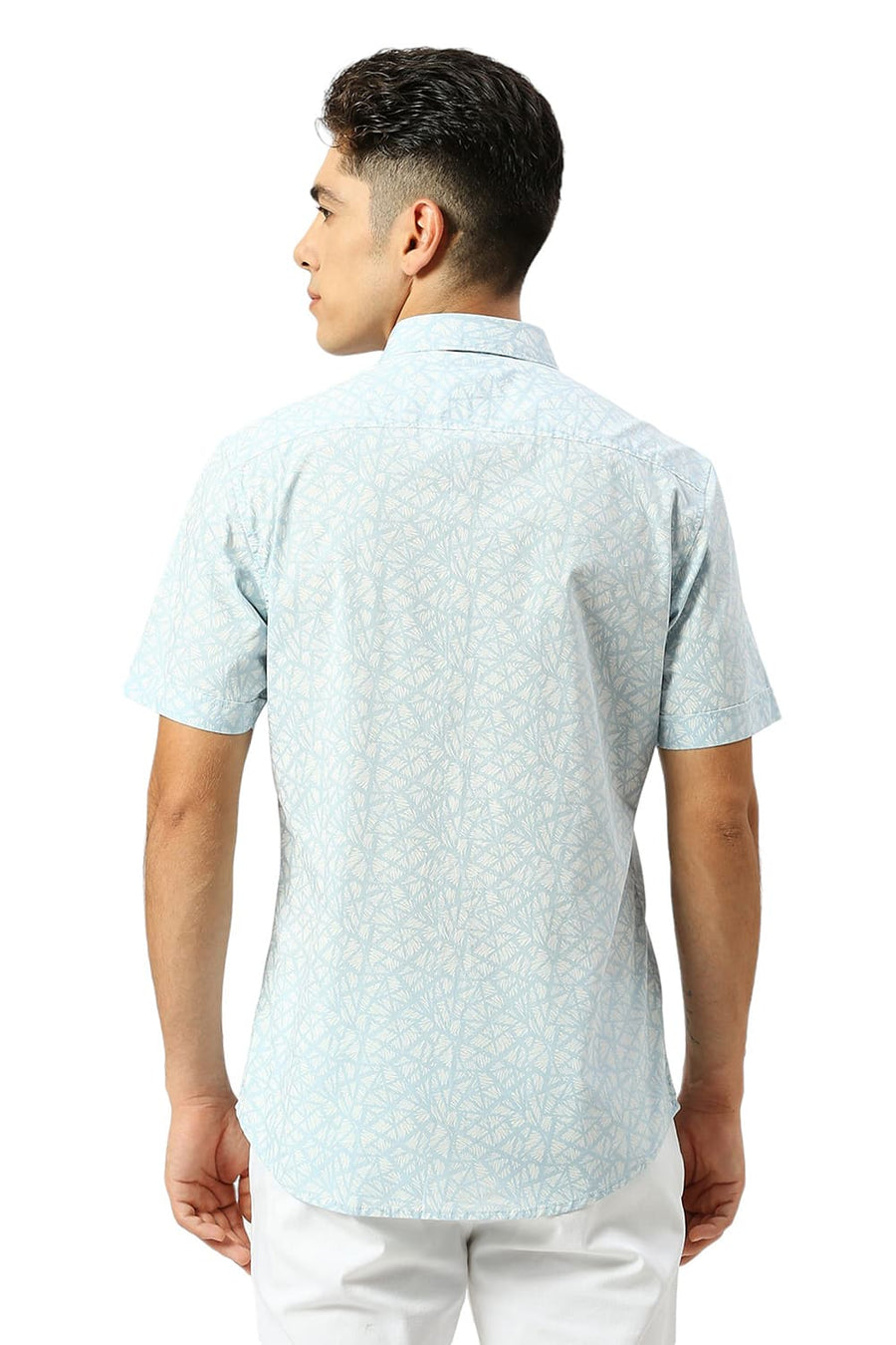 BASICS SLIM FIT SKYRIDE BLUE COTTON PRINTED HALFSLEEVES SHIRT