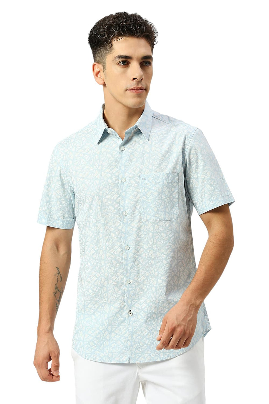 BASICS SLIM FIT SKYRIDE BLUE COTTON PRINTED HALFSLEEVES SHIRT