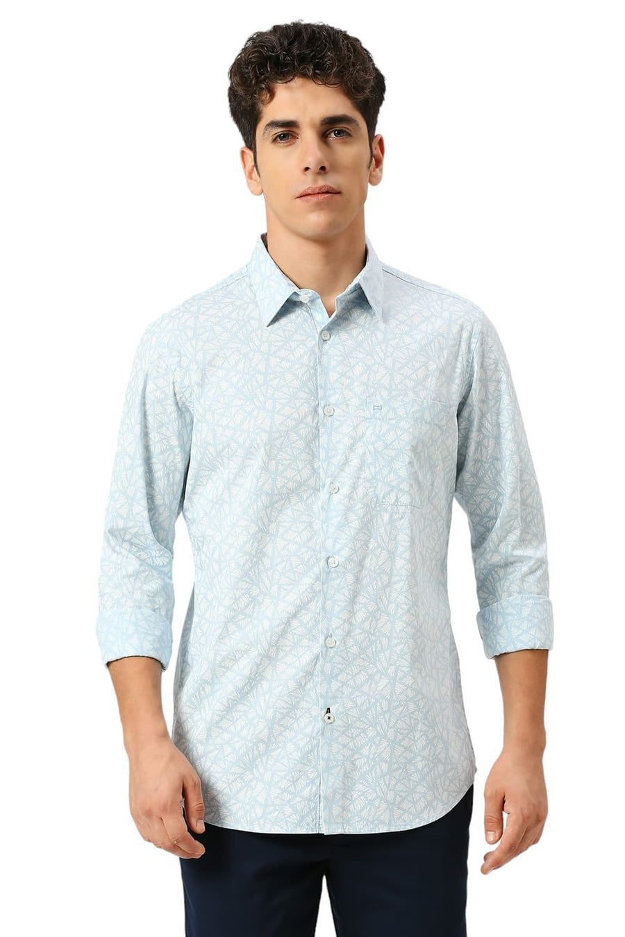BASICS SLIM FIT SKYRIDE BLUE COTTON PRINTED SHIRT