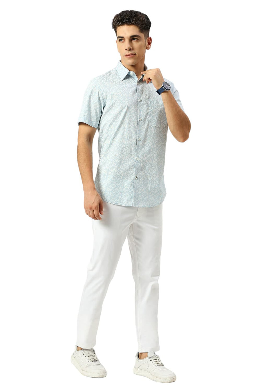 BASICS SLIM FIT SKYRIDE BLUE COTTON PRINTED HALFSLEEVES SHIRT