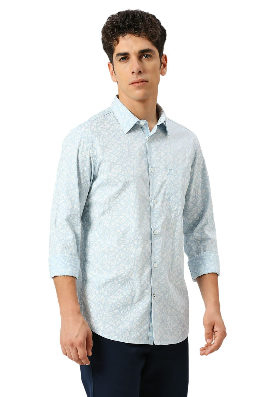 BASICS SLIM FIT SKYRIDE BLUE COTTON PRINTED SHIRT