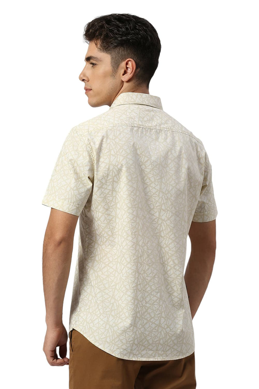 BASICS SLIM FIT WOOD YELLOW COTTON PRINTED HALFSLEEVES SHIRT