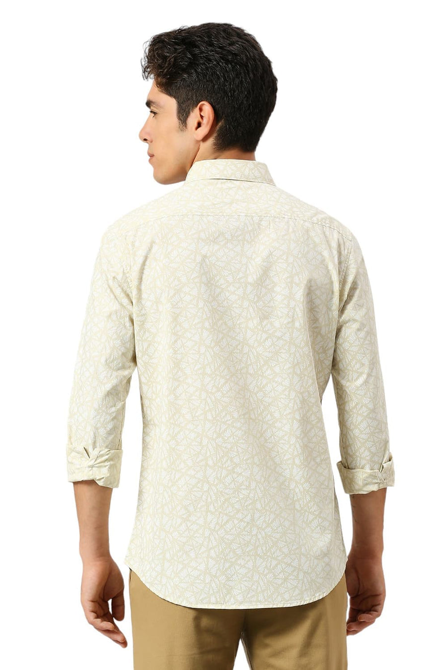 BASICS SLIM FIT WOOD YELLOW COTTON PRINTED SHIRT