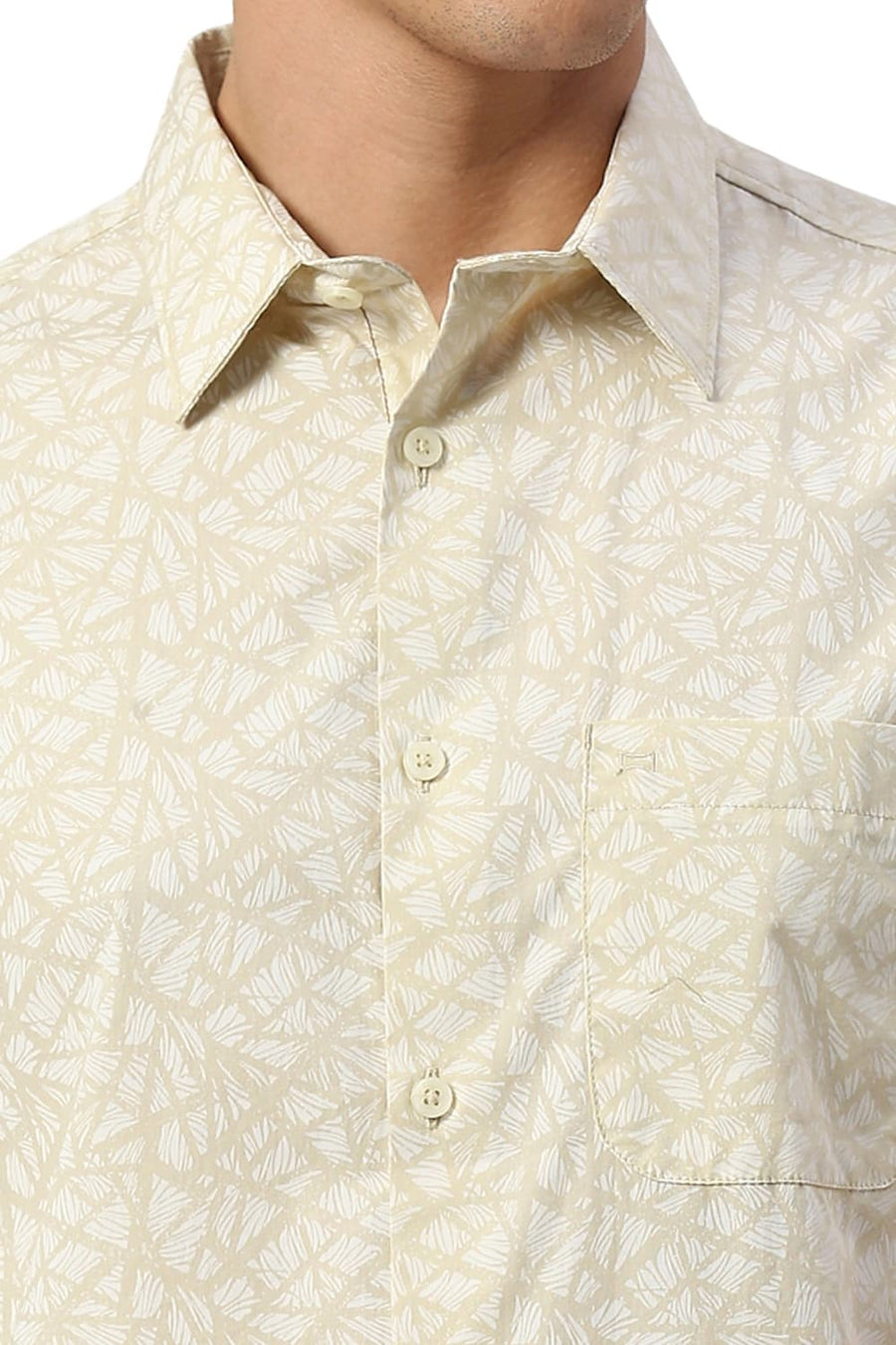 BASICS SLIM FIT WOOD YELLOW COTTON PRINTED HALFSLEEVES SHIRT