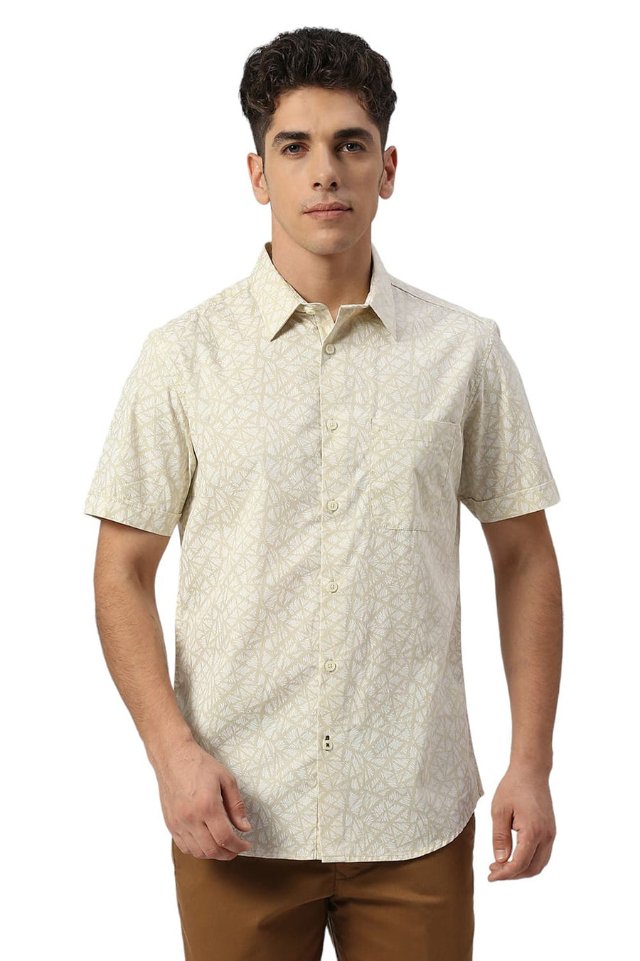 BASICS SLIM FIT WOOD YELLOW COTTON PRINTED HALFSLEEVES SHIRT