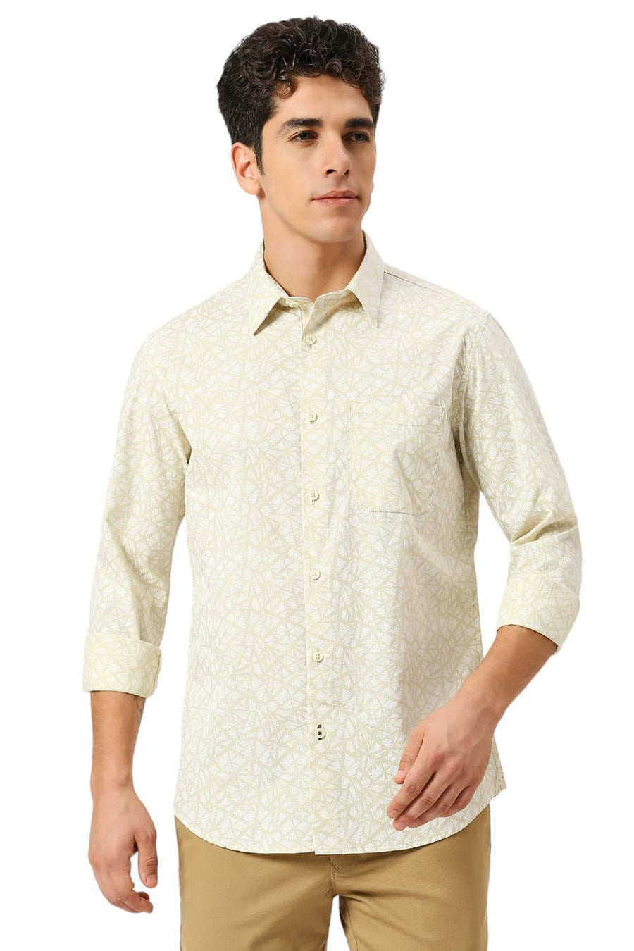BASICS SLIM FIT WOOD YELLOW COTTON PRINTED SHIRT