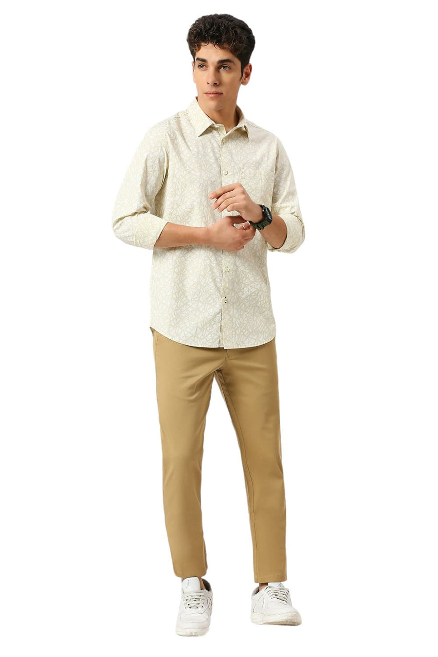 BASICS SLIM FIT WOOD YELLOW COTTON PRINTED SHIRT