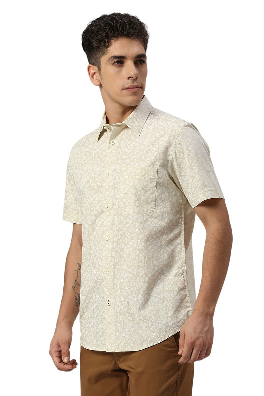 BASICS SLIM FIT WOOD YELLOW COTTON PRINTED HALFSLEEVES SHIRT
