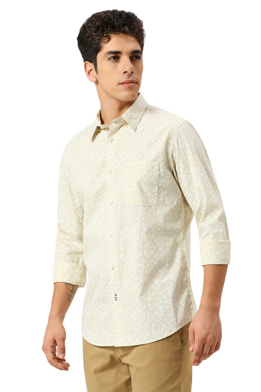 BASICS SLIM FIT WOOD YELLOW COTTON PRINTED SHIRT