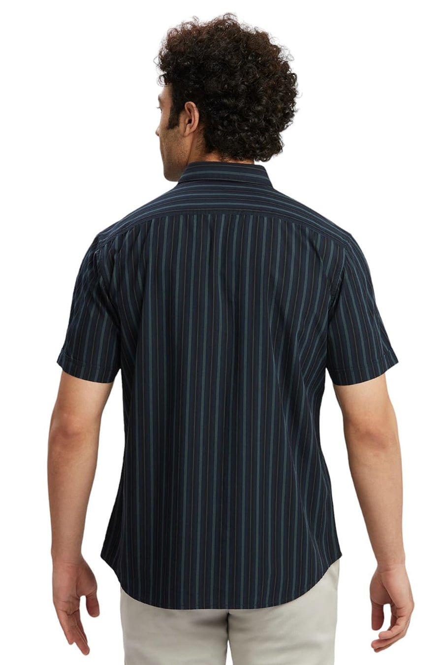 BASICS SLIM FIT INSIGNIA BLUE COTTON STRIPE HALFSLEEVES SHIRT