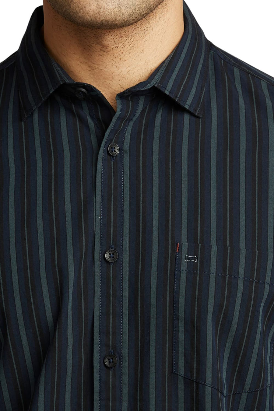 BASICS SLIM FIT INSIGNIA BLUE COTTON STRIPE HALFSLEEVES SHIRT