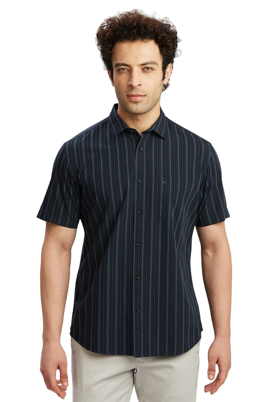 BASICS SLIM FIT INSIGNIA BLUE COTTON STRIPE HALFSLEEVES SHIRT